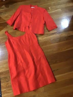 Elegant Sleeveless Midi Dress with Cropped Jacket in Vibrant Orange size 14